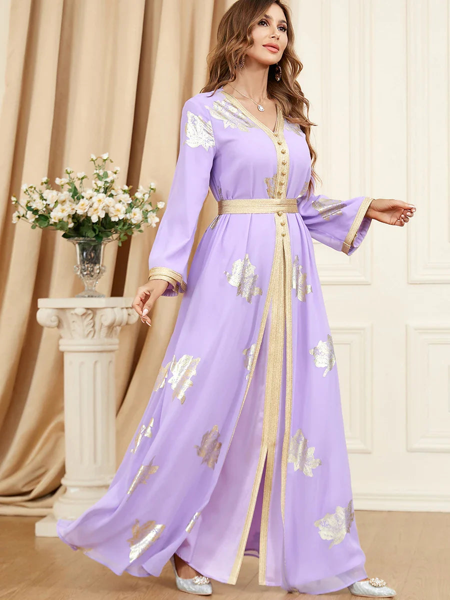 Elegant Casual Chiffon Turkish Abayas For Women Muslim 2 Pieces Set Gold Stamping Full Sleeve Belted Kaftan Gorgeous Party Style Purple Dress