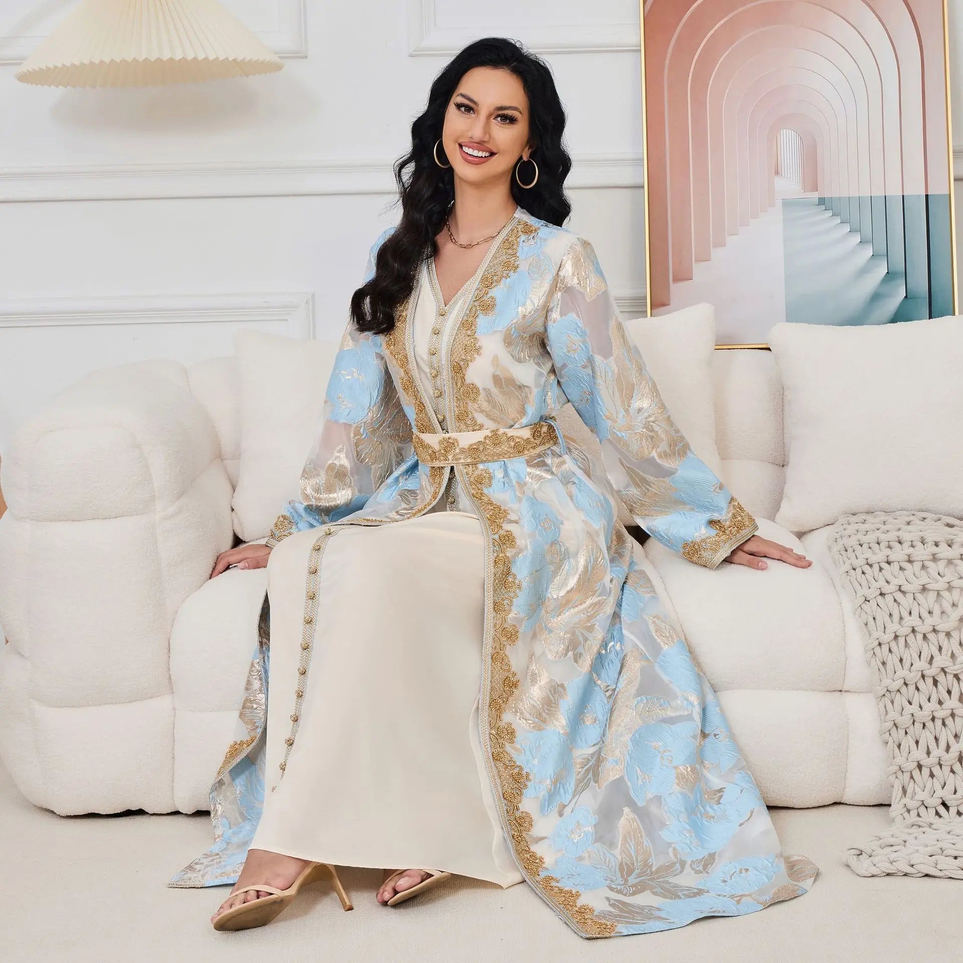 Moroccan Caftan 2 Pieces Set Muslim Dubai Abaya Kaftan For Wedding Women's New Flower Pattern Museum Long Dress Clothing