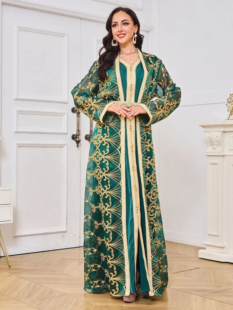 Moroccan Abaya Woman Muslim Dubai Luxury Mesh Belt Embroidery Kaftans 2 Piece Suit Islamic Long Dresses Dark Green Abaya