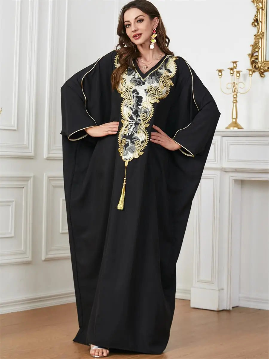 Dubai Turkish Casual Loose Solid Batwing Sleeve V Collar Floral Embroidery And Tassel Abaya Arab African Women Caftan Black Dress One Size