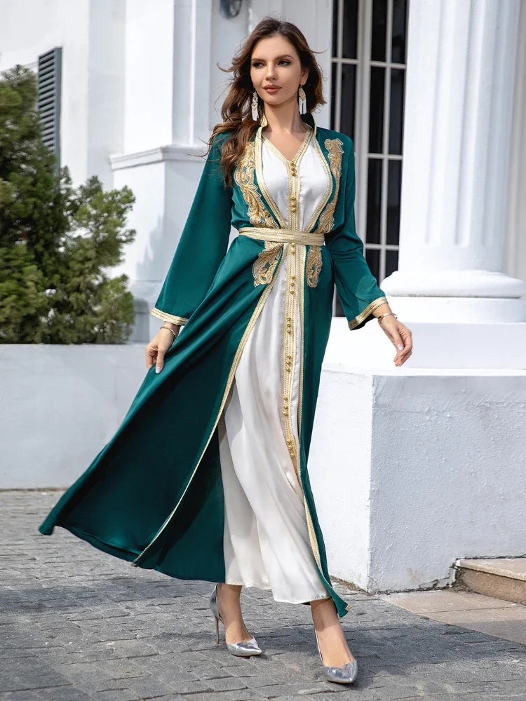 Eid Muslim Party Dress for Women Jalabiya Abaya 2 Piece Set Ramadan Long Dresses Abayas Woman Beading Robe Caftan Vestidos