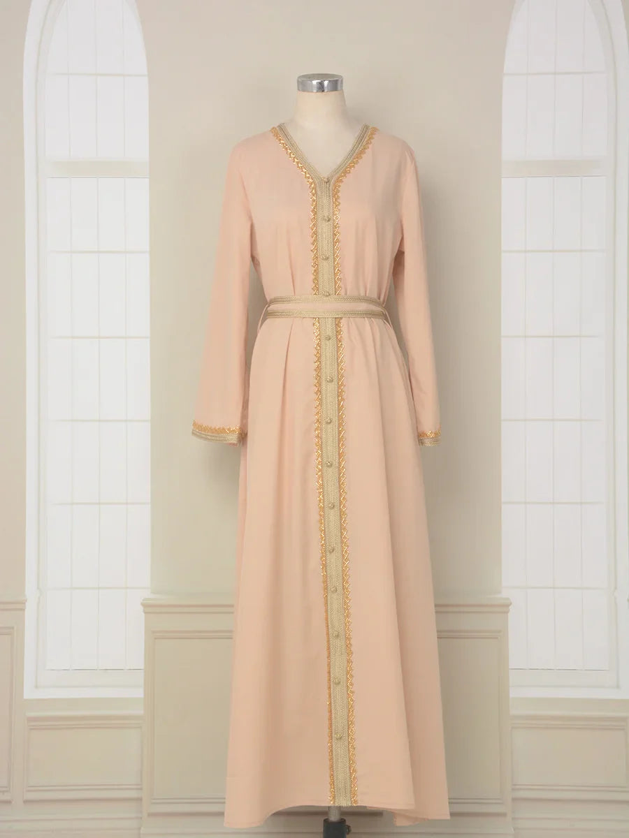 Long Dress For Prom V-neck Women Abaya Muslim Robe Gold Beaded Lace Simple Fashion Dress with Belt Casual Dubai Arab Kaftan Apricot.