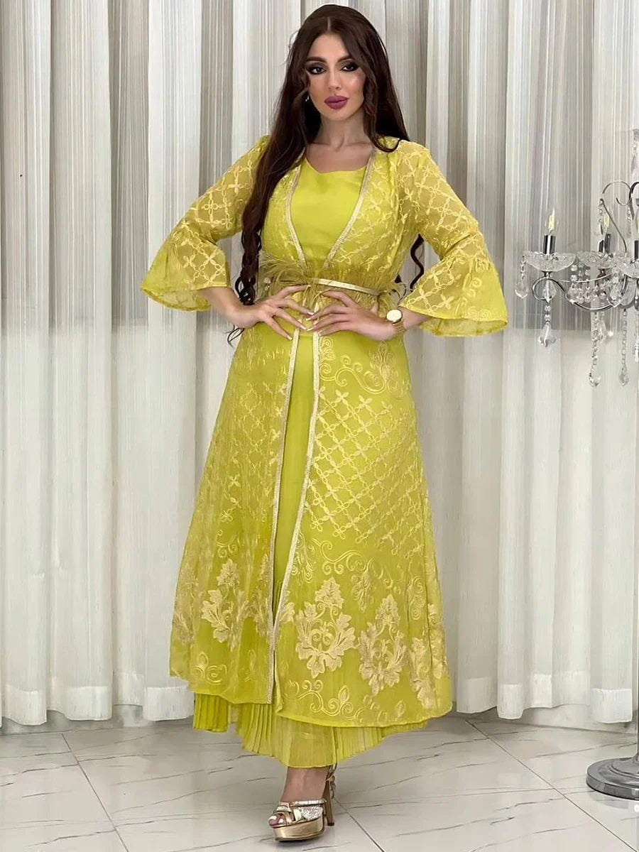 Turkish Dubai Luxury Floral Gold Stamping Evening Party Gown Set Eid Al-Adha Boubou Women Kaftan With Feathers Sashes Yellow Robe