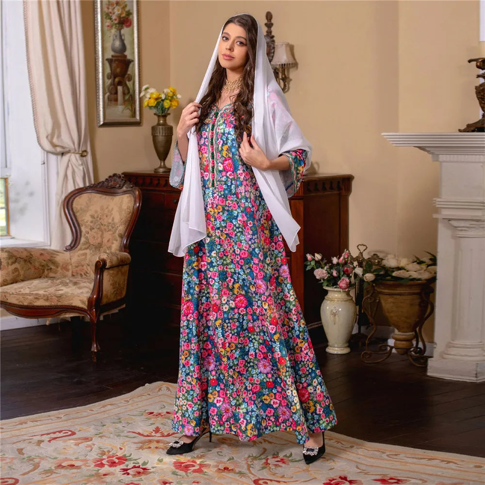 Moroccan Jalabiya 2024 Women Abaya Muslim Hijab Dress Vintage Floral Print Kaftan Ramadan Dubai Modest Dresses Party Arabic Gown