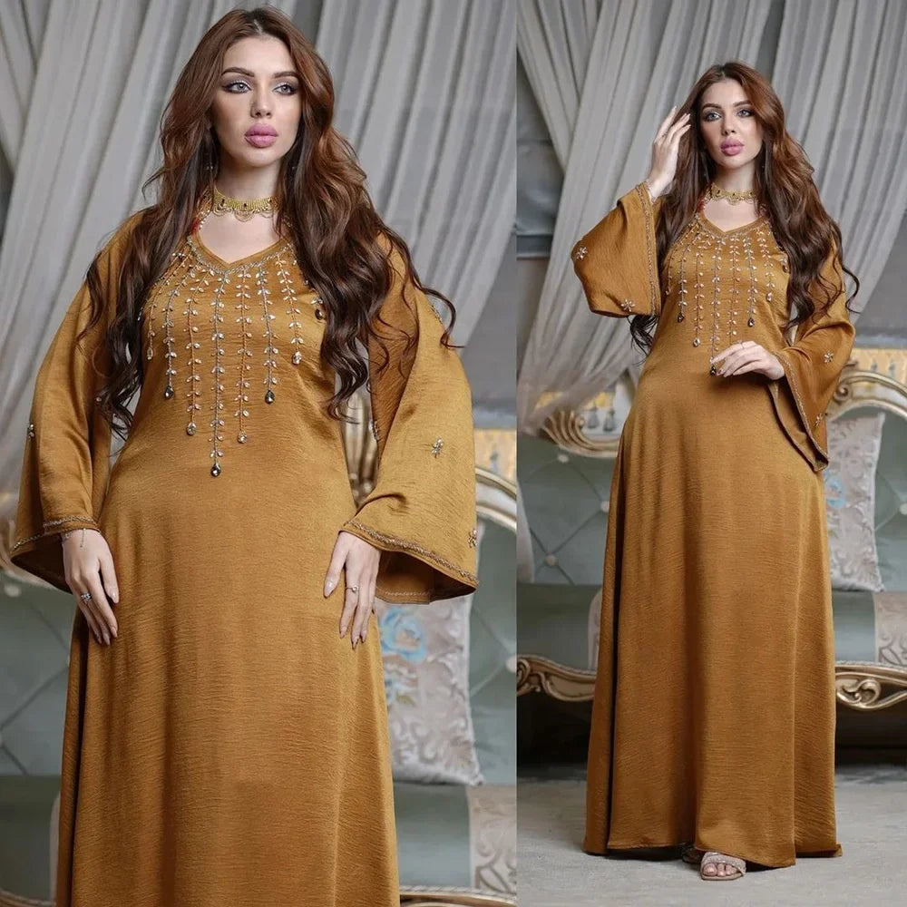 Muslin Dress Dubai Turkey New Dress Flare Sleeve With Diamond V-neck Loose Robe Ramadan Middle East Long Dress Elegant Evening