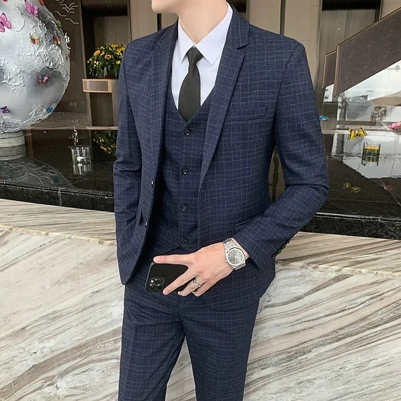 Suit Jacket Vest Pants 3 Pcs Set / 2023 Fashion New Men's Casual Business Solid Color Slim Fits Blazers Coat Trousers Waistcoat Navy