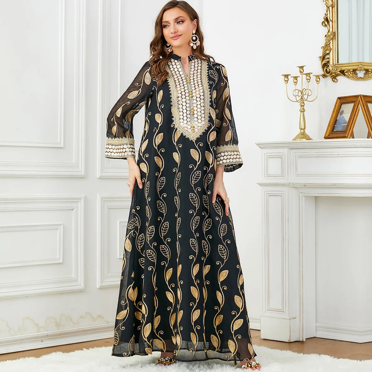 Arab Dubai Mesh Embroiled Dress Museum Fashion Party Evening Dress Women's Wear Abaya Dubai Luxury Kaftan Islam Dresses Summer