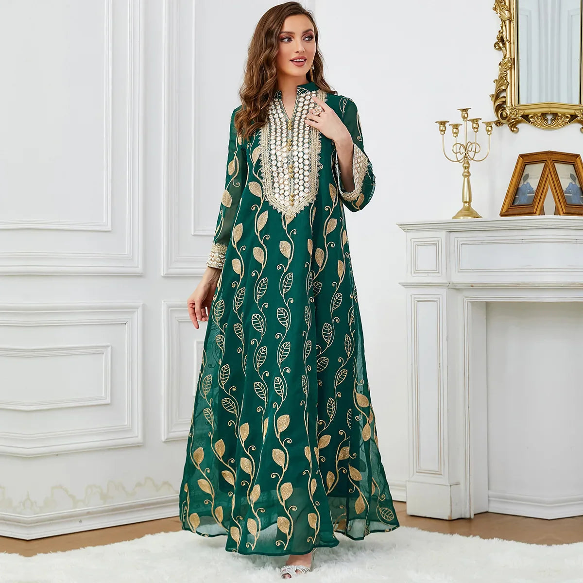 Arab Dubai Mesh Embroiled Dress Museum Fashion Party Evening Dress Women's Wear Abaya Dubai Luxury Kaftan Islam Dresses Summer Green