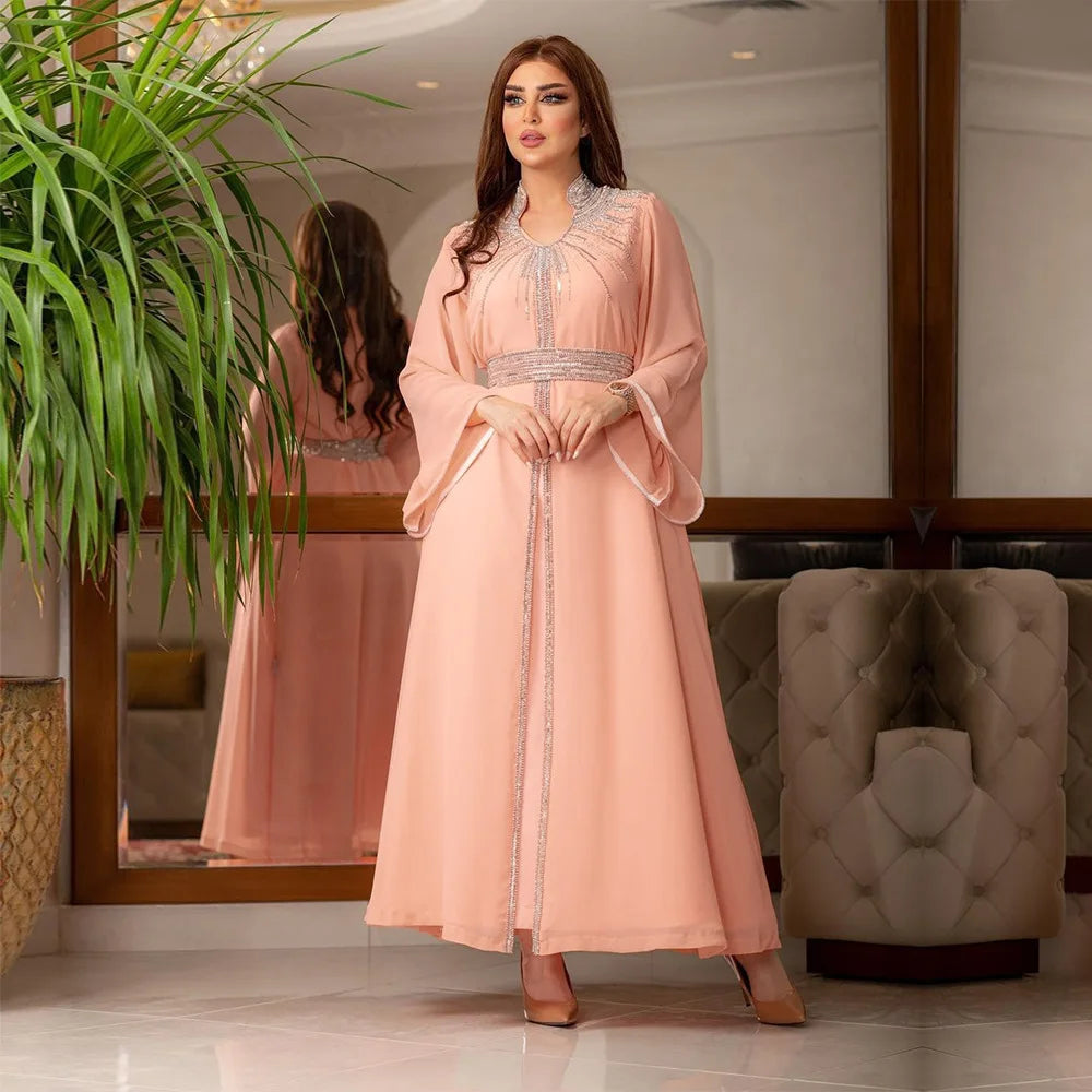 Caftan Arabian Evening Party Jalabiya Rhinestone Women Dress Dubai Robe Islam Clothing Muslim Ramadan Abaya Kaftan Morocco Gown 02 Pink