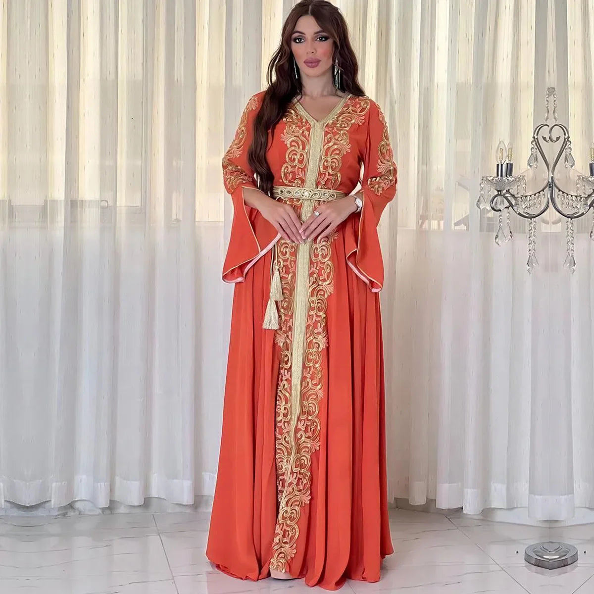 Dubai Women Abaya Caftan Kaftan Ramadan Gurban Festival Arab Embroiled Decal Dress Museum Party Dinner Robe Wedding Kaftan Orange-red