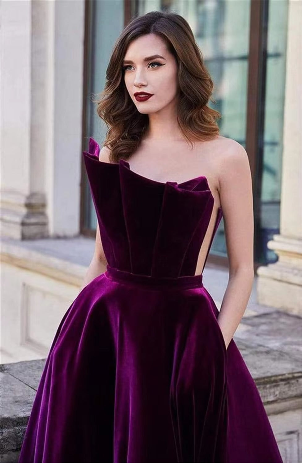 Purple Velvet Caftan Arabic Evening Dresses Sexy Strapless Dubai Formal Party Gown Plus Size s Longo Prom Gowns