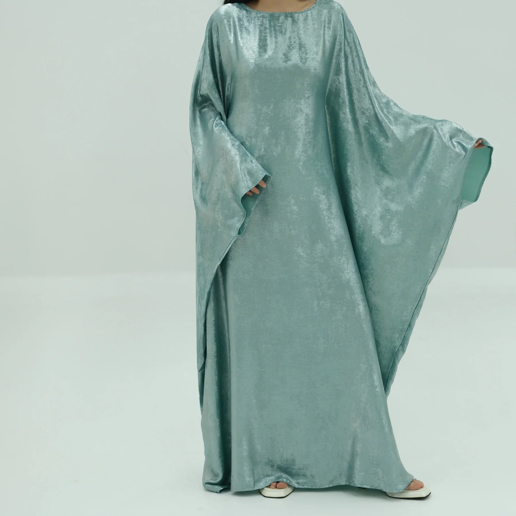 Kaftans Farasha Abaya Dress Shiny Thin Fabric Islamic Clothing Dubai Moroccan Caftan Muslim Women Ramadan Eid Evening Party Bluish Green