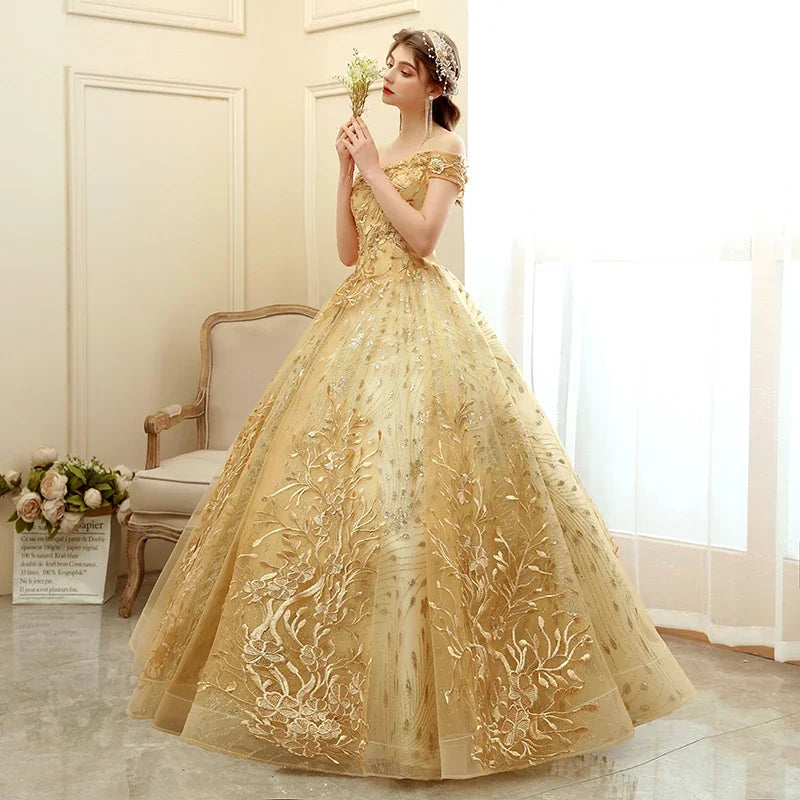 Off The Shoulder Party Gold Quinceanera Dress 2024 New Prom Dress Ball Gown Vintage Lace Quinceanera Gown Custom Plus Size