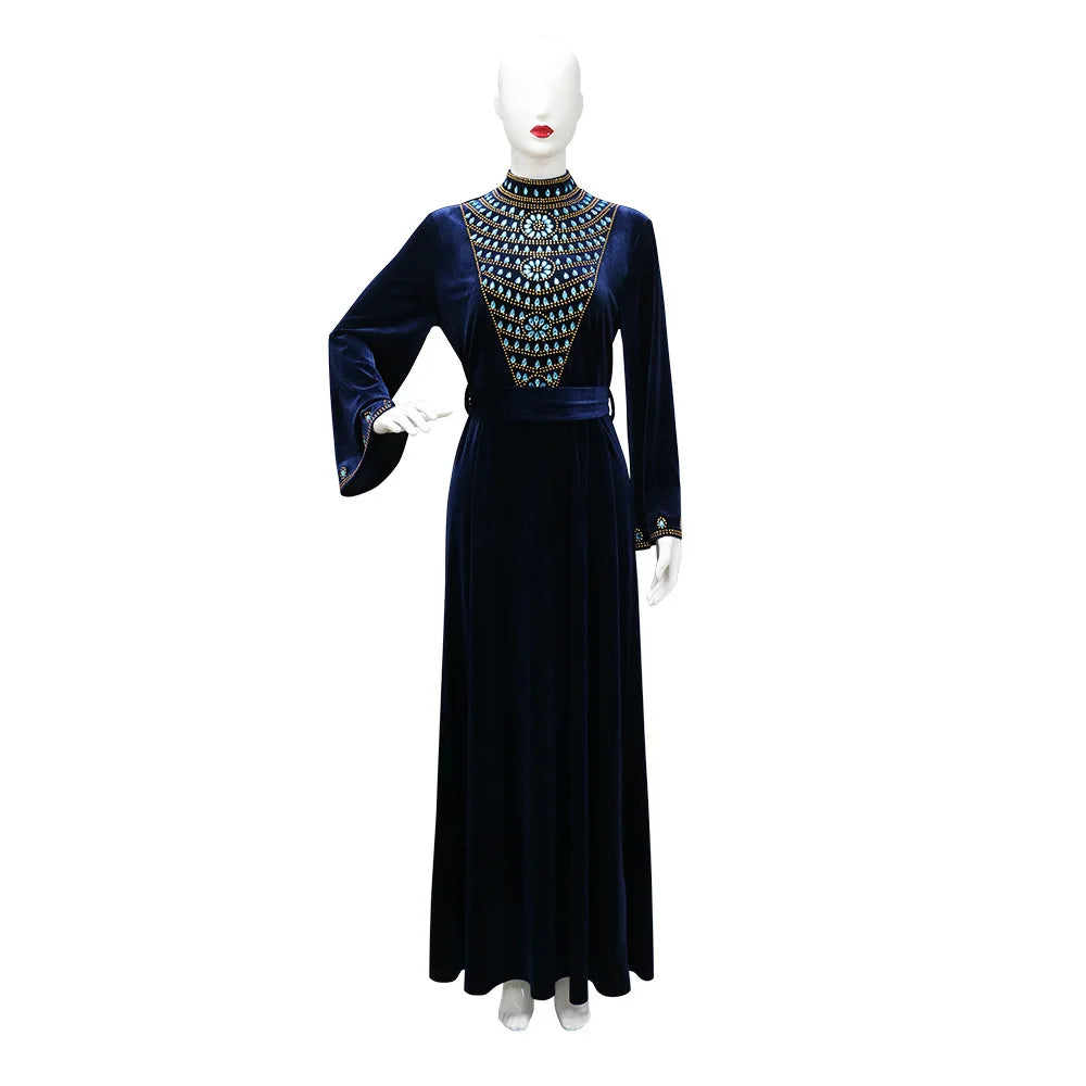 Autumn Velvet Warm Fashion Muslim Women Diamond Abaya Long Maxi Dresses Dubai Kaftan Turkey Arab Islamic Eid Party Gown Jalabiya Navy