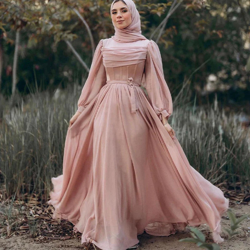 Blush Chiffon Prom Dresses for Hijab Women High Neck Long Sleeves Floor Length A Line Pleats Muslim robe femme soirée Party Gown Same as Image