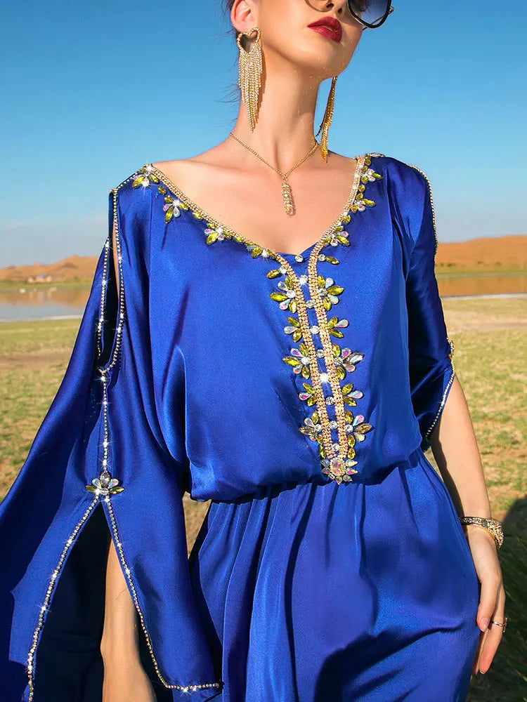 Morrocan Kaftan Evening Dresses Women Luxry Rhinestones Elastic Waist Muslim Long Dress Gulf Jalaabiya Arabian Party Abaya Blue