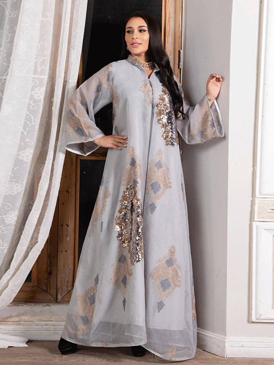 Dubai Fashion Mesh Sequins Embroidery Evening Party Gown Jalabiyat Saudi Arab Casual Robe African Women Caftan Clothing Grey Dress