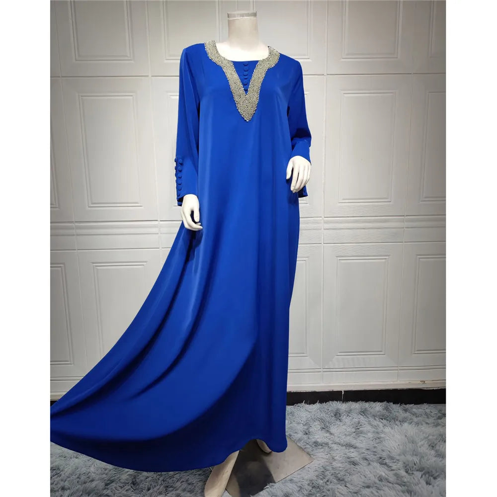 Ramadan Dubai Kaftan Muslim Women Long Dress Satin Abaya Arab Middle East Islamic Luxury Rhinestone Party Gown Moroccan Jalabiya ESA001