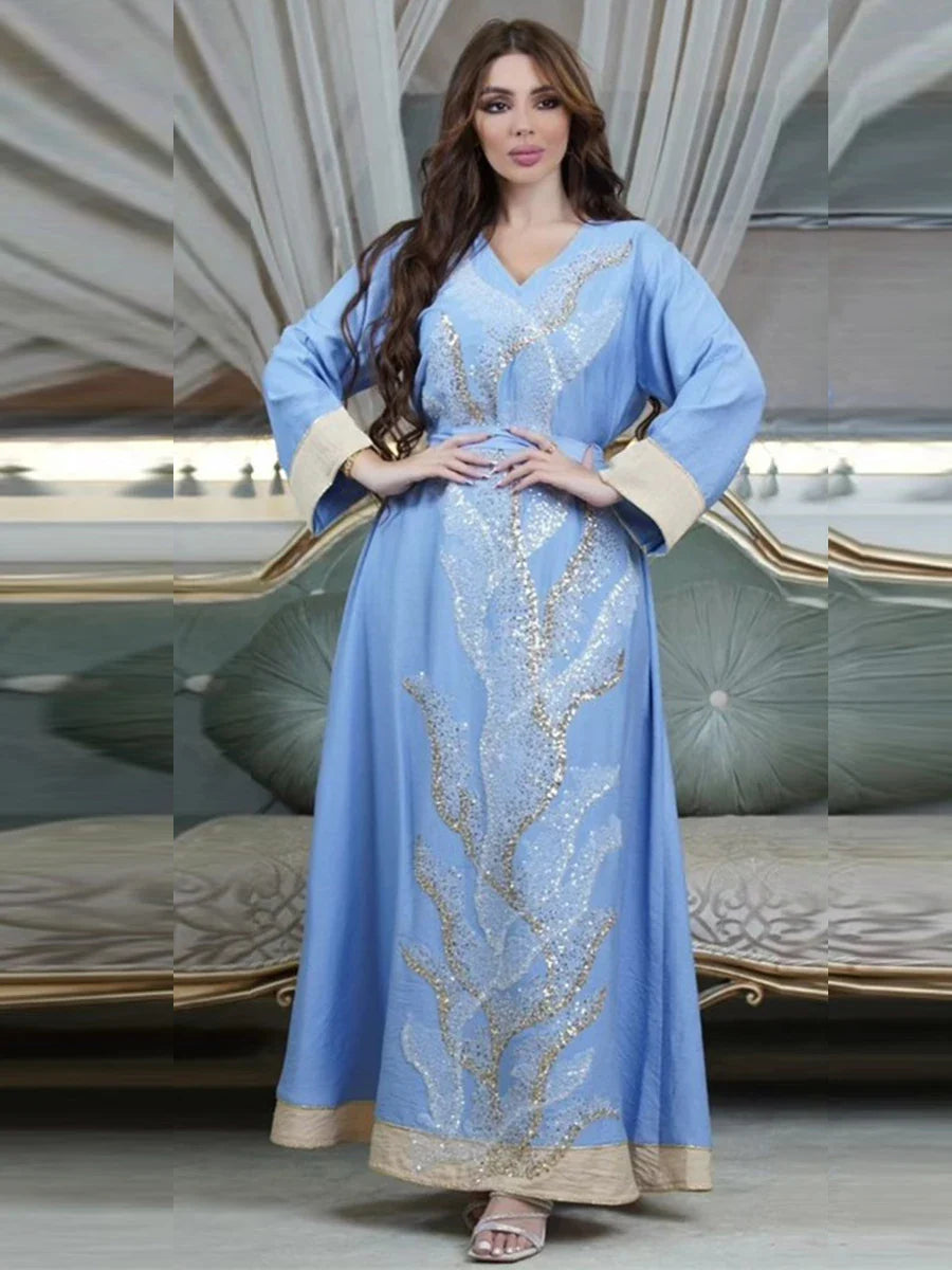 Abaya Muslim Fashion Mesh Diamonds Patchwork Full Sleeve V-Neck Belted Clothing Casual Loose Moroccan Women Long Dress Blue Dress