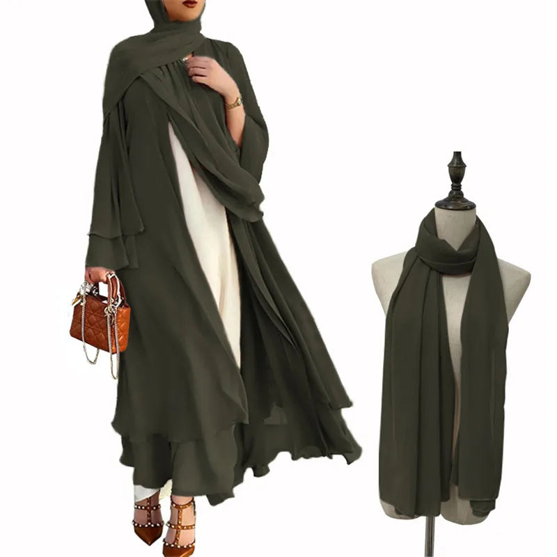 Muslim Women Abaya Long Maxi Dress Dubai Beads Kimono Turkish Open Cardigan Clothing Islam Ramadan Robe Eid Middle East Jalabiya EYA027-4ArmyGreen