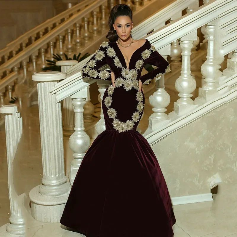 Long Sleeve Mermaid Caftan Evening Dresses V Neck Lace Prom Dress Floor Length Formal Party Dress