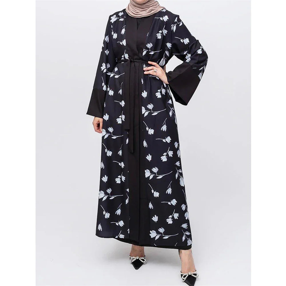 Floral Print Women Muslim Open Abaya Cardigan Maxi Dress Turkey Arabic Robe Eid Ramadan Kaftan Islamic Kimono Caftan Dubai Femme