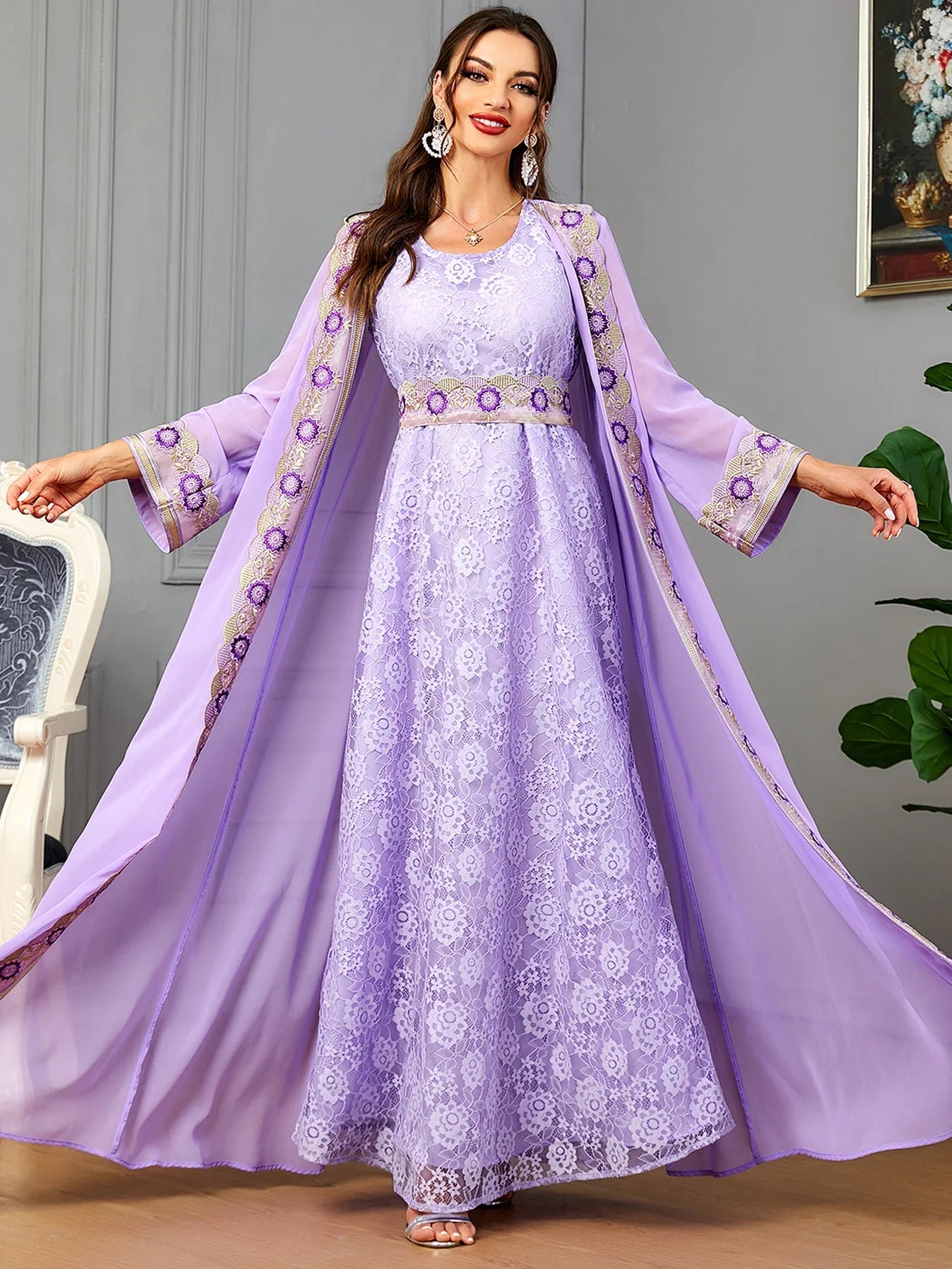 Moroccan 2 Piece Abaya Set Jilbabs For Woman Chic Purple Chiffon Lace Tape Belted Arabic Gown Ramadan Musulmane Caftan