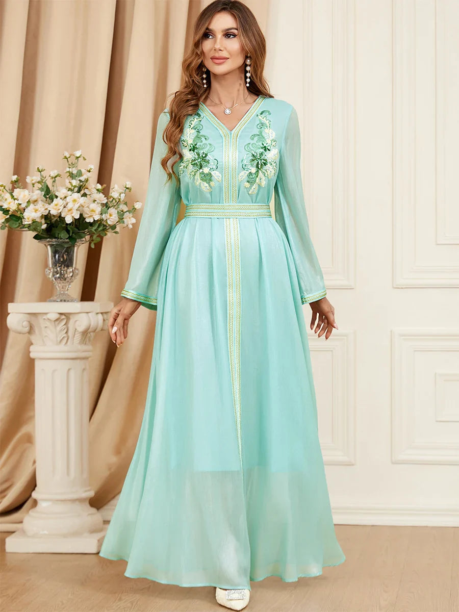 African Dubai Islamic Dress For Woman Evening Party Chic Sequins Full Sleeve V-Neck Belted Gown Jalabiya Moroccan Abaya Light Green Dress