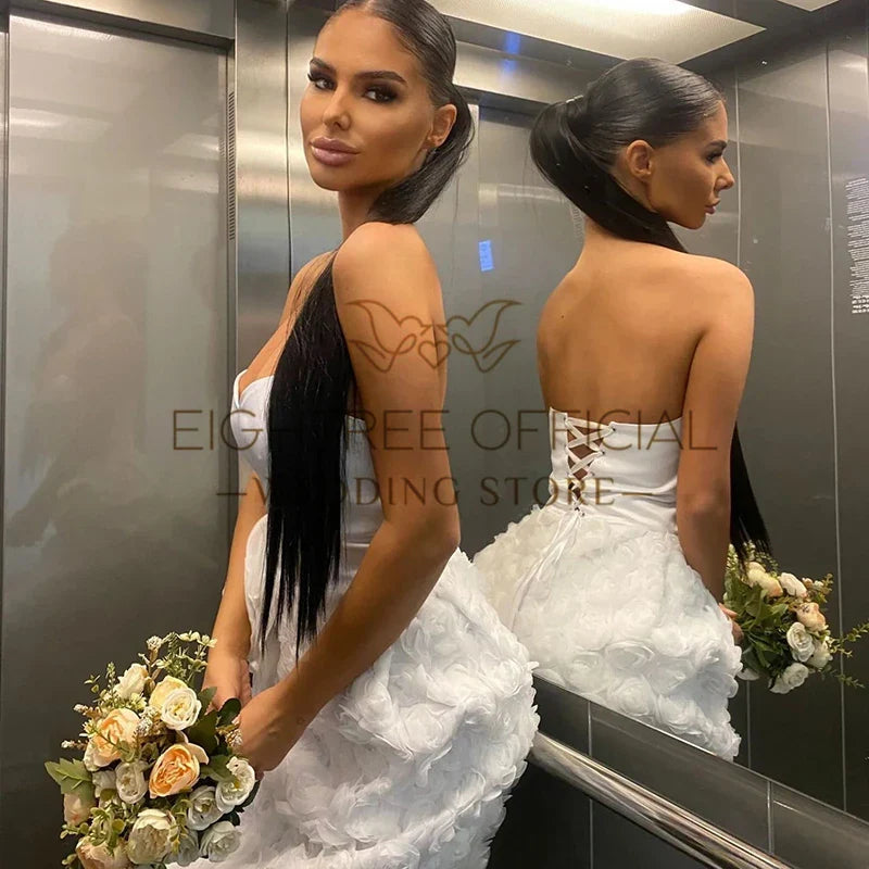 Simple White Wedding Dresses Women Sweetheart Tea Length Flower Wedding Gowns Saudi Arabia Bridal Prom Dress Customized