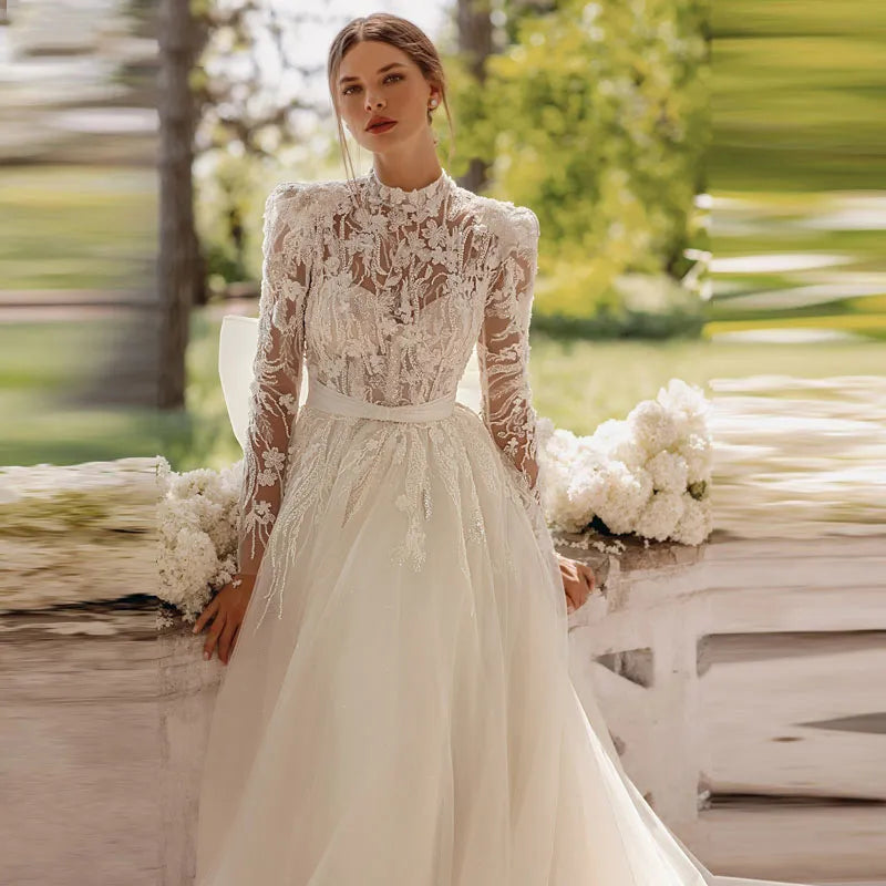 Princess Wedding Dress For Women Tulle Bridal Gown Elegant Long Sleeves Lace Applique Up Bow Belt Vestidos De Novia