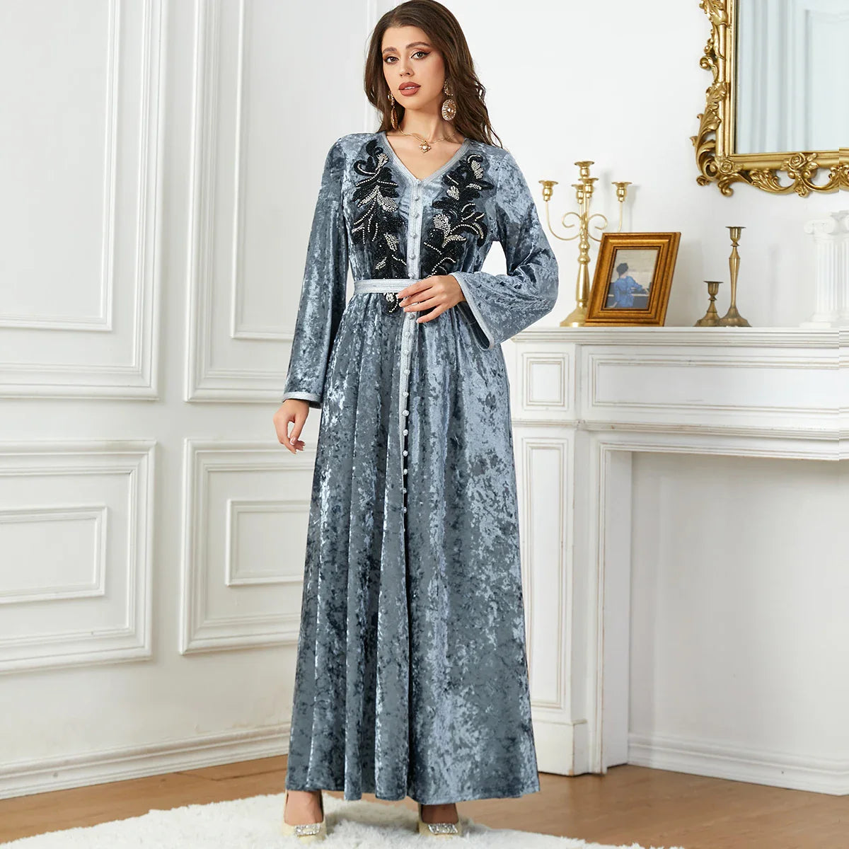 Velour Kaftan Dubai Moroccan Belted Arabic Dress Evening Party Winter Abaya Islamic Clothing Embroidery Appliques Muslim Women Bluish Gray