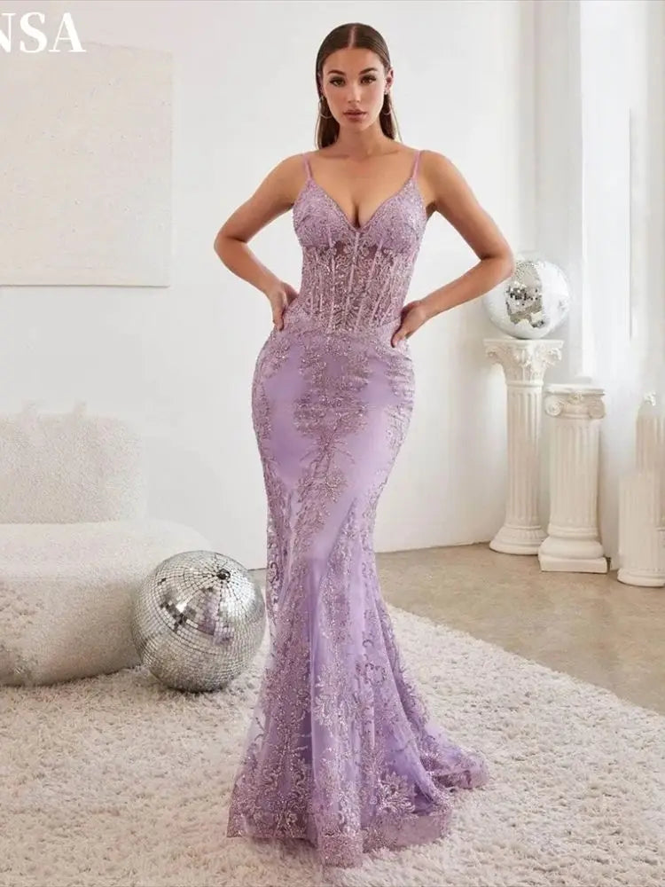 Sexy Sequins Lace فساتين السهرة Embroidery Fishtail Vestidos De Noche Romantic Spaghetti Strap Mermaid Prom Dresses as pic CHINA