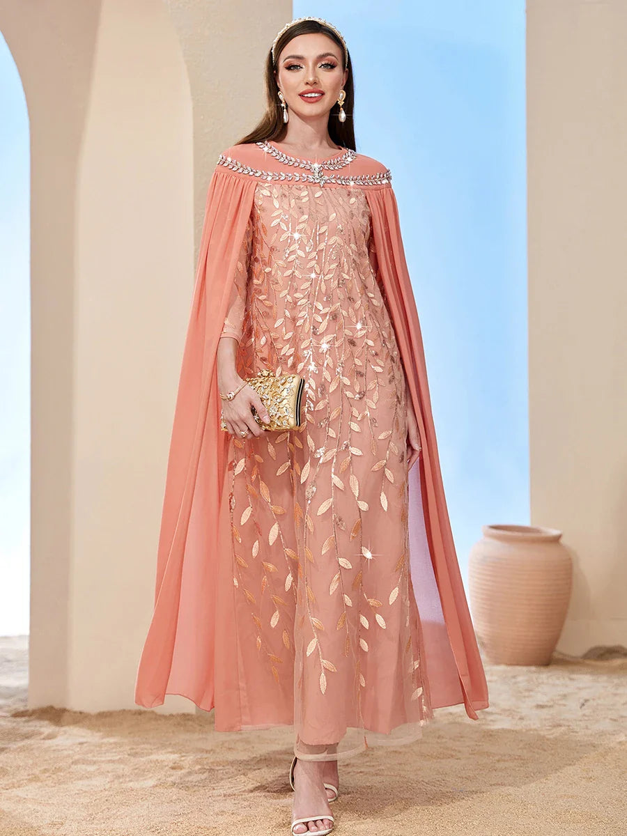 Fashion Royal Caftan Women Turkish Chic Mesh Cape Rhinestone Embroidery Wrist Sleeve Elegant Evening Long Dress Orange Pink Dress