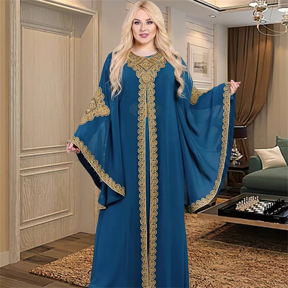 Two Piece Set Dress African Dresses for Women 2024 Traditional Gold Embroidery Clothing Islam Kaftan Abaya Musulman Robe Femme