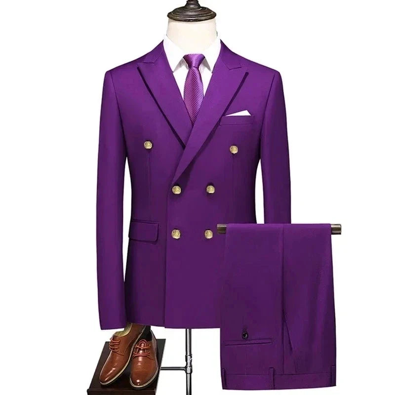 Fashion New Men's Leisure Boutique Double Breasted Solid Color Suit 2 Piece Set Drees Blazers Jacket Pants Trousers Two Pcs Purple