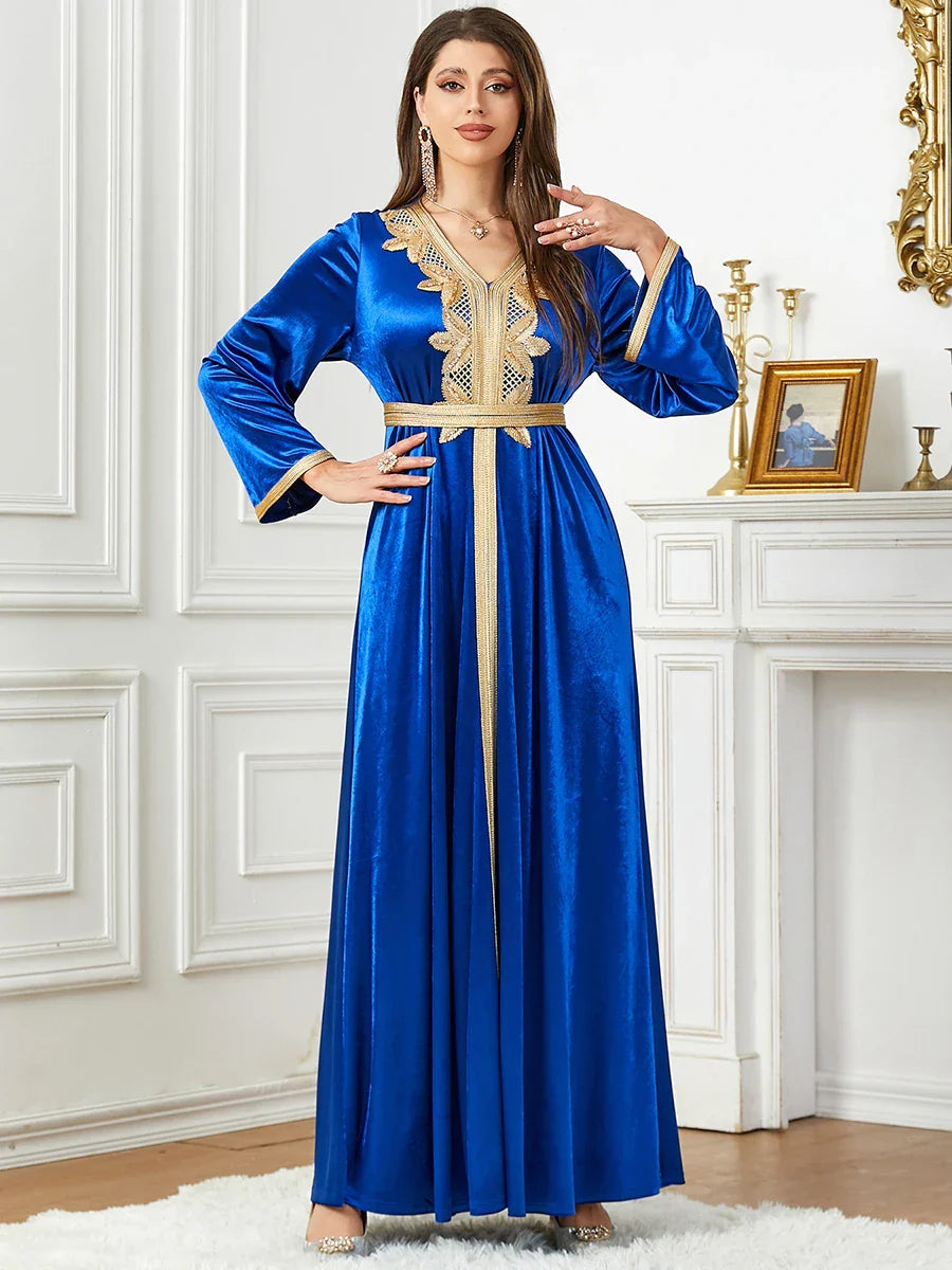 Velvet Autumn Winter Solid Evening Dress Jalabiyat Turkish Saudi Long Sleeve V-Neck Belted African Moroccan Abaya Color Blue Dress