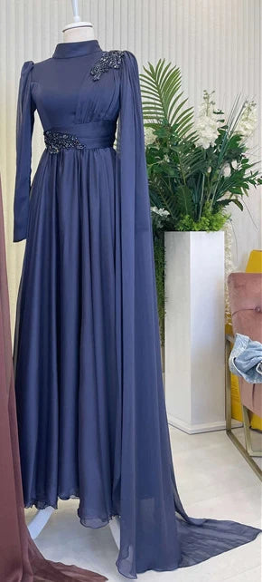 A-Line Chiffon Blue Prom Gown Vestidos De Noite Beaded Long Sleeves Formal Dress Arabic Dubai Arabic Evening Dresses Navy blue