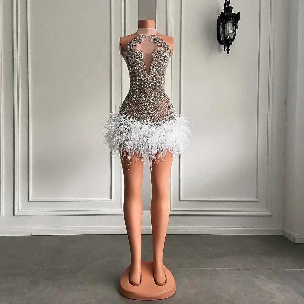 Sparkly Handmade Crystals Women Birthday Party Gowns Sexy See Through White Feather Black Girls Short Mini Prom Dress