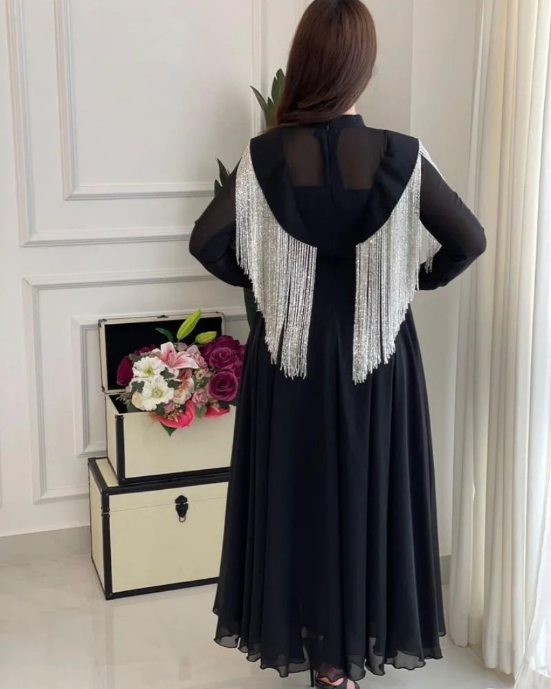 Ramadan Long Dress Moroccan Caftan 2023 Women's Spring Summer Big Swing Sexy High Waist Tassel Splice Chiffon Evening Dress