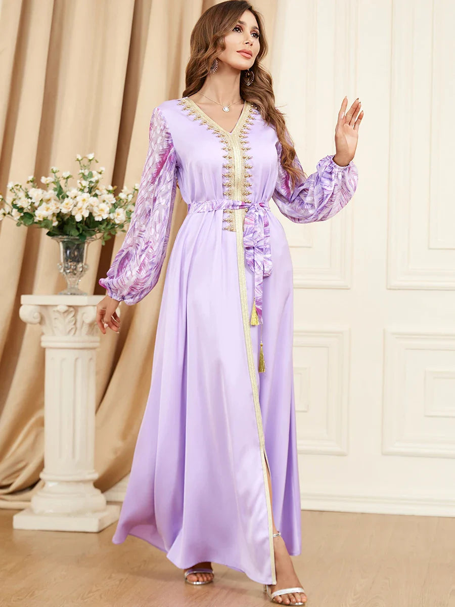 Dubai Dress Abaya For Party Muslin V-neck Kaftan Eid Mubarak Long Dress Turkey Muslim Moroccan Caftan Fashion Evening Dress PURPLE