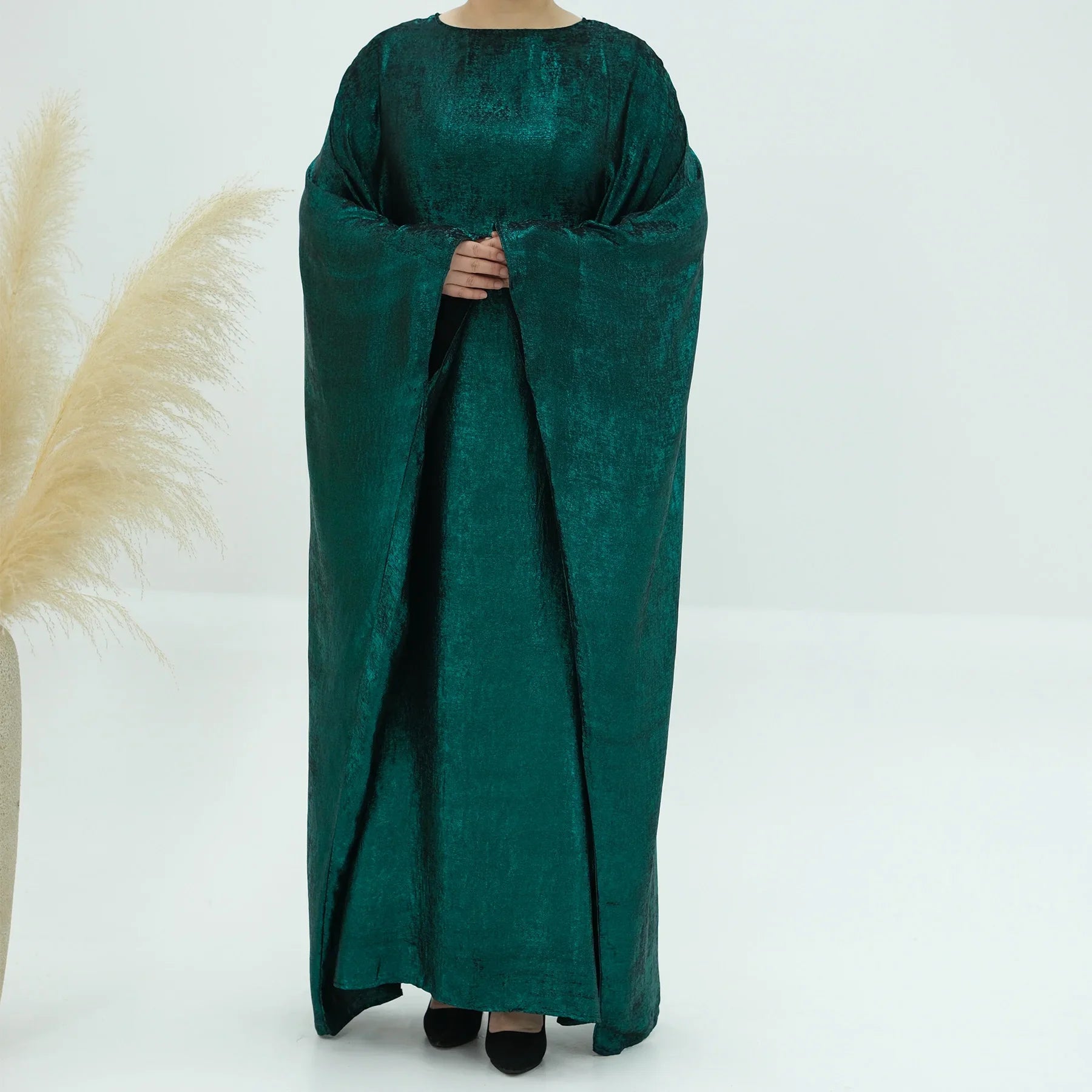 Kaftans Farasha Abaya Dress Shiny Thin Fabric Islamic Clothing Dubai Moroccan Caftan Muslim Women Ramadan Eid Evening Party Dark Green