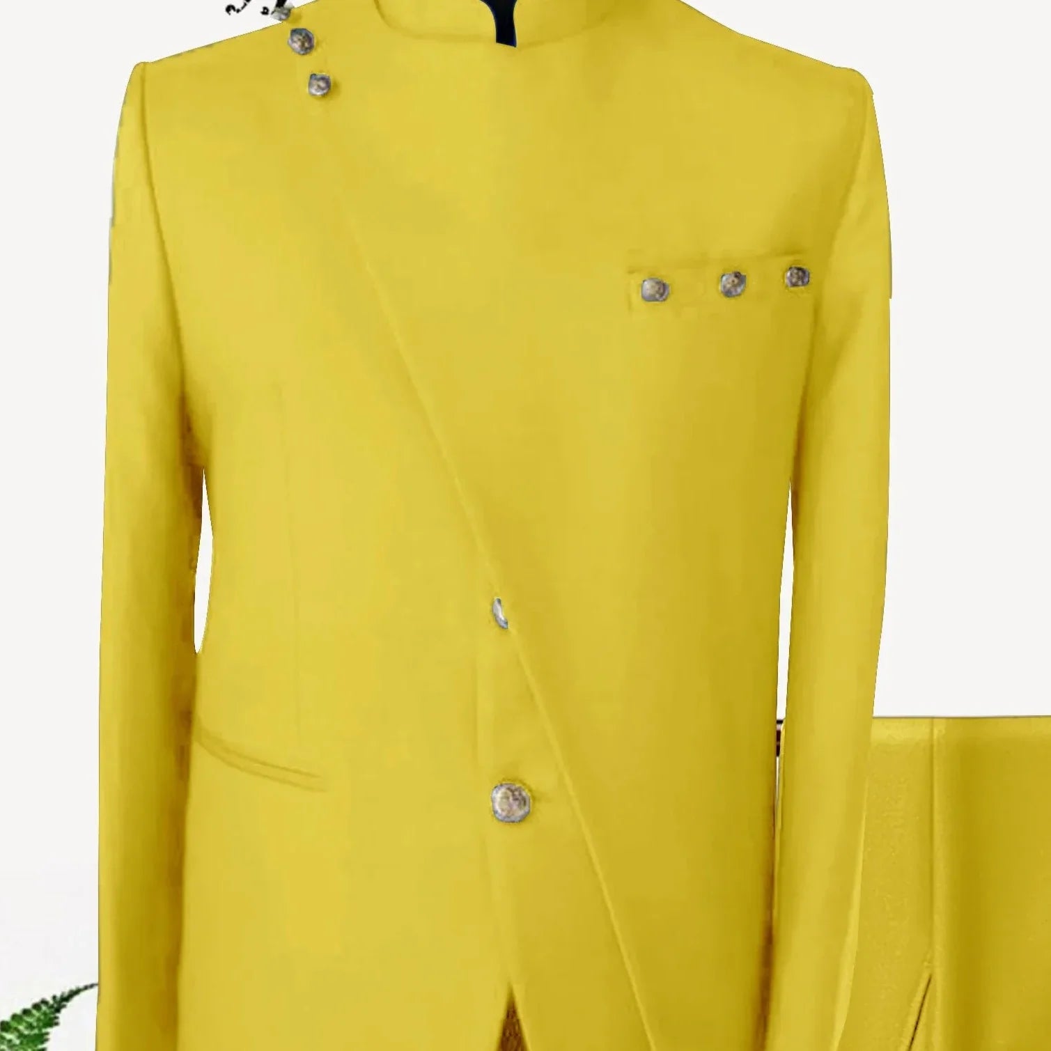 Men Suits Yellow 2 Pieces African Style Neck Buttoned Patchwork Blazer Pants Fashion Man Party Wear Costumes Yellow