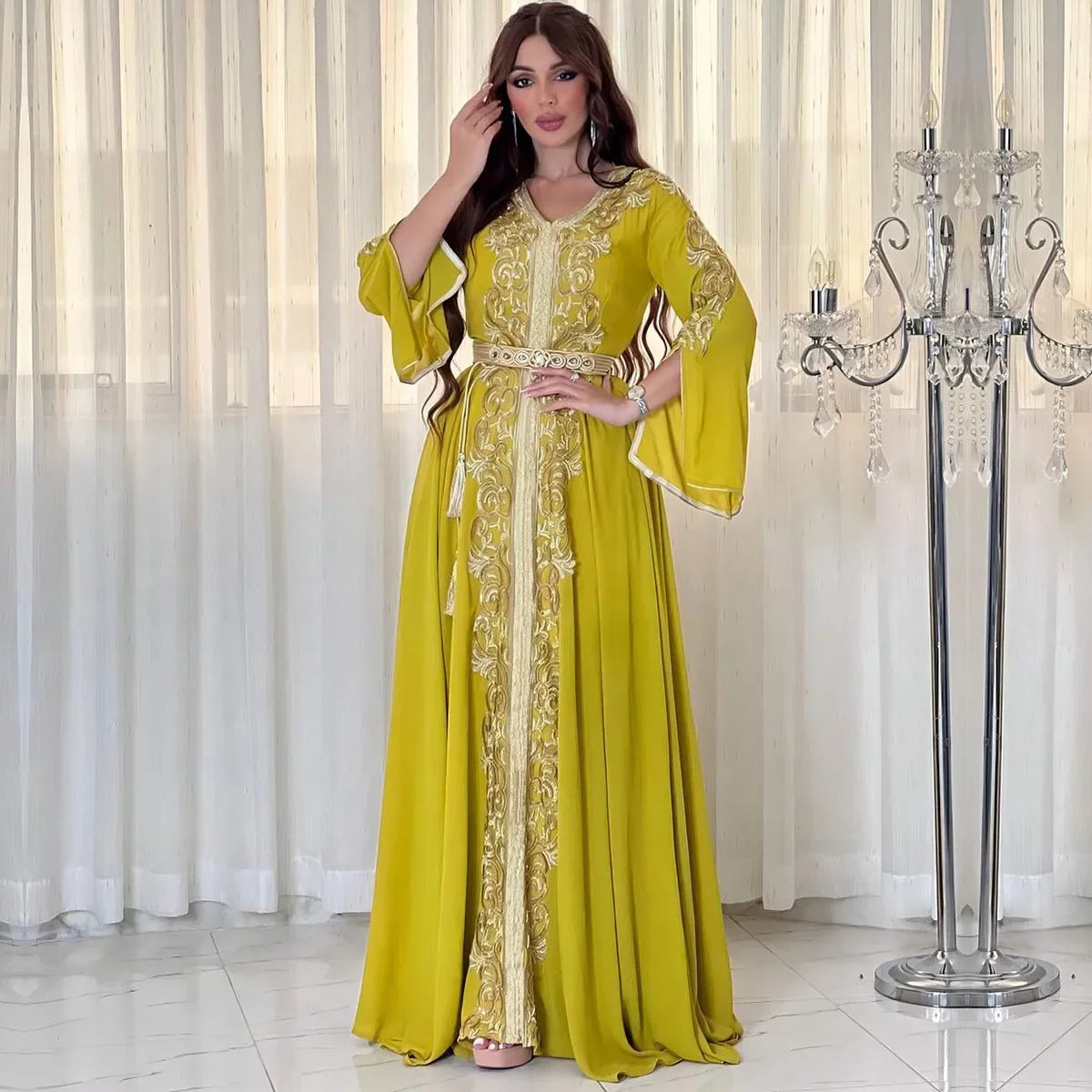 Dubai Women Abaya Caftan Kaftan Ramadan Gurban Festival Arab Embroiled Decal Dress Museum Party Dinner Robe Wedding Kaftan Yellow