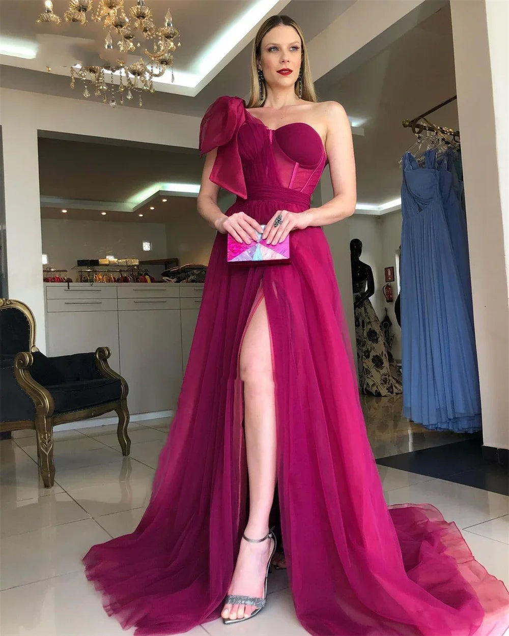 Tulle One Shoulder вечернее платье люкс Rose Pink A-line Prom Dress Sexy Side Split Party Dress Custom Evening Dress as pic