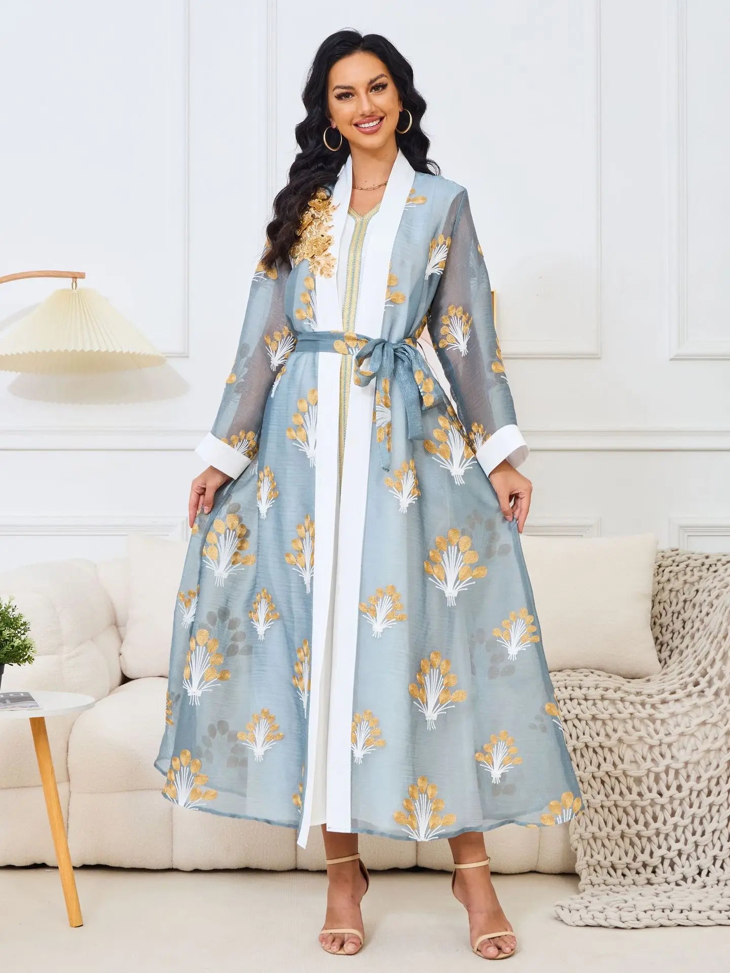 Abaya For Women Dubai 2 Pieces Set Office Ethnic New Embroiled Muscle Long Dress For Women White Inner With Belt Arab Ramadan light blue