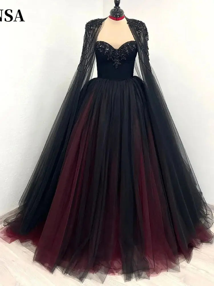 Gothic Black WIth Red Wedding Dress Sequins Cape Sleeve Ball Gown Vestidos De Novia Handmade A-line Prom Dresses as pic