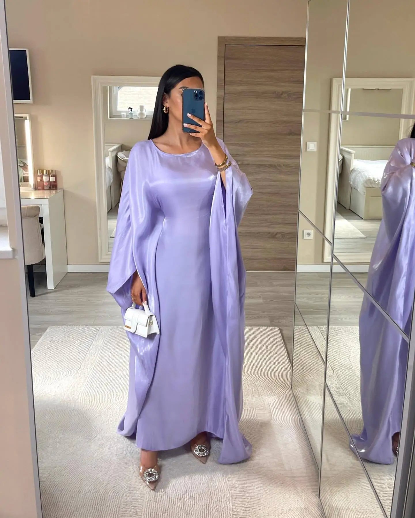 Abaya Women Ramadan Shiny Dubai Muslim Dress Female Bat Sleeve Loose Robe Eid Djellaba Jalabiya Turkey Prayer Gown Arabic Kaftan 14 Light Purple