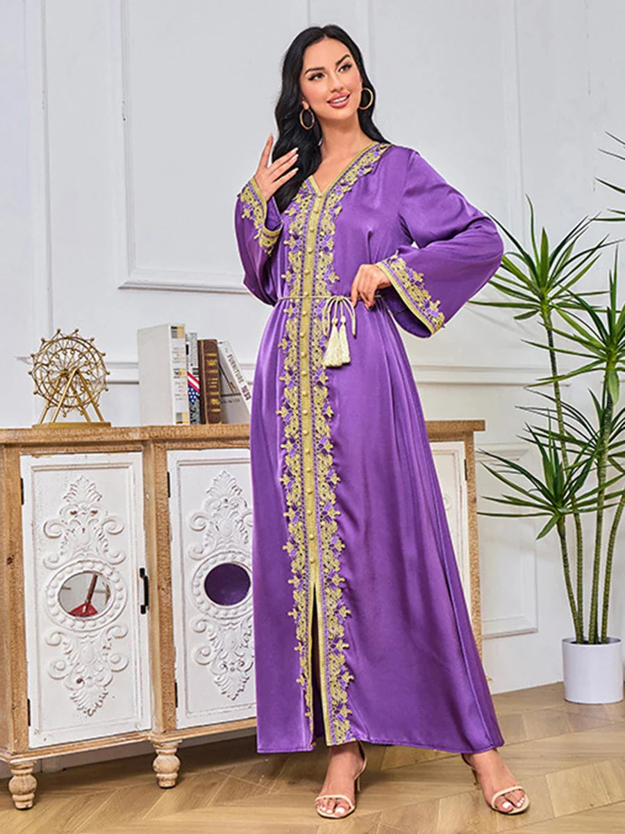 Abayah For Women 2023 Dubai Chic Solid Full Sleeve V-Neck Belted Clothing Elegant Casual Moroccan Long Dress Purple Dress