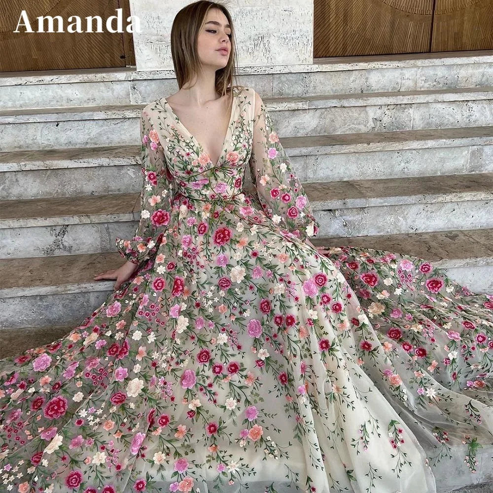 Princes Wildflower Reverie Gown Sweet 3D Flower Prom Dress Fairy A-line Puffy Sleeve Party Dress فساتين مناسبة رسمية