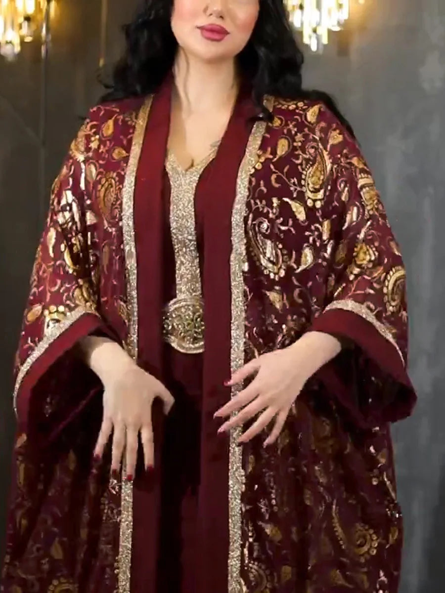 Muslim Eid Al-Adha Fashion Two Piece Gold Stamping V-Neck Abaya And Vest Long Dress Overgarments Arabic Clothing For Women Dack Red Dress